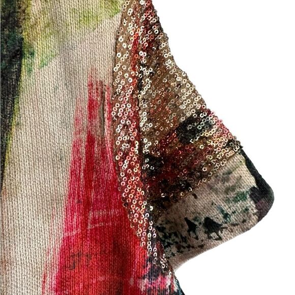 Top Ligne Tan & Red Watercolor Sequin Short Sleeve Knit Top - Picture 4 of 7